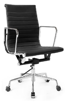 High-Back Ribbed Leather Chair with Chrome Frame – Black