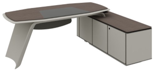 Executive L-Desk 240 cm with Two-Layer Top – Right Cabinet – Dark Walnut / White
