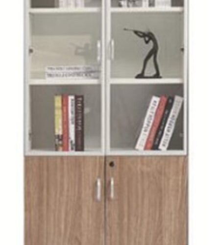 High Cabinet 80 cm with Glass & Wooden Doors – Light Walnut / White