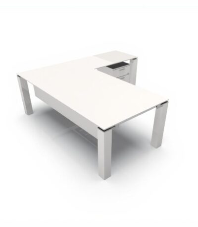 L-shaped white glass office desk with mobile pedestal – AlKhonaini Kuwait
