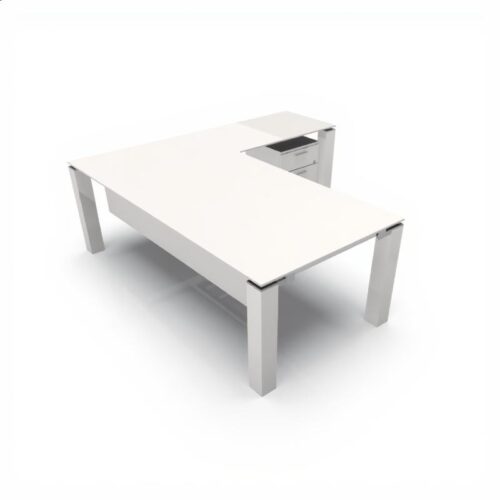 L-shaped white glass office desk with mobile pedestal – AlKhonaini Kuwait