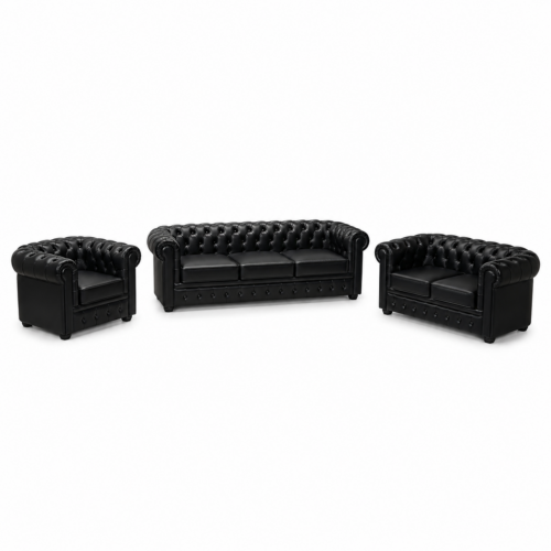 Executive Sofa Set 3+2+1 – Black PU Leather | طقم كنب 3+2+1 جلد أسود