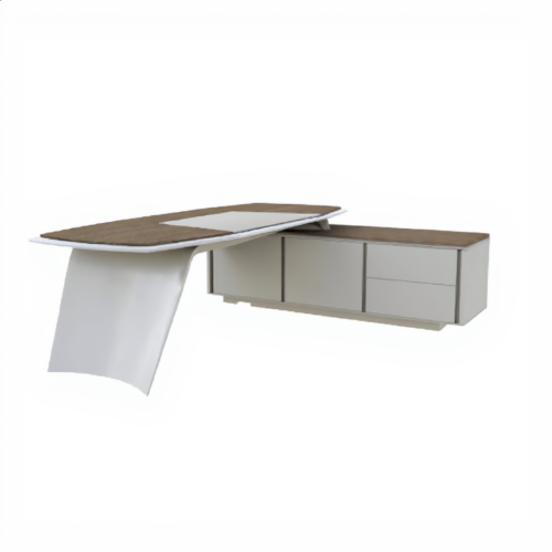 Executive L-Desk 240cm – Two-Layer Top, Right Cabinet, Light Walnut | مكتب مدير حرف L بسطح مزدوج خزانة يمين جوز فاتح